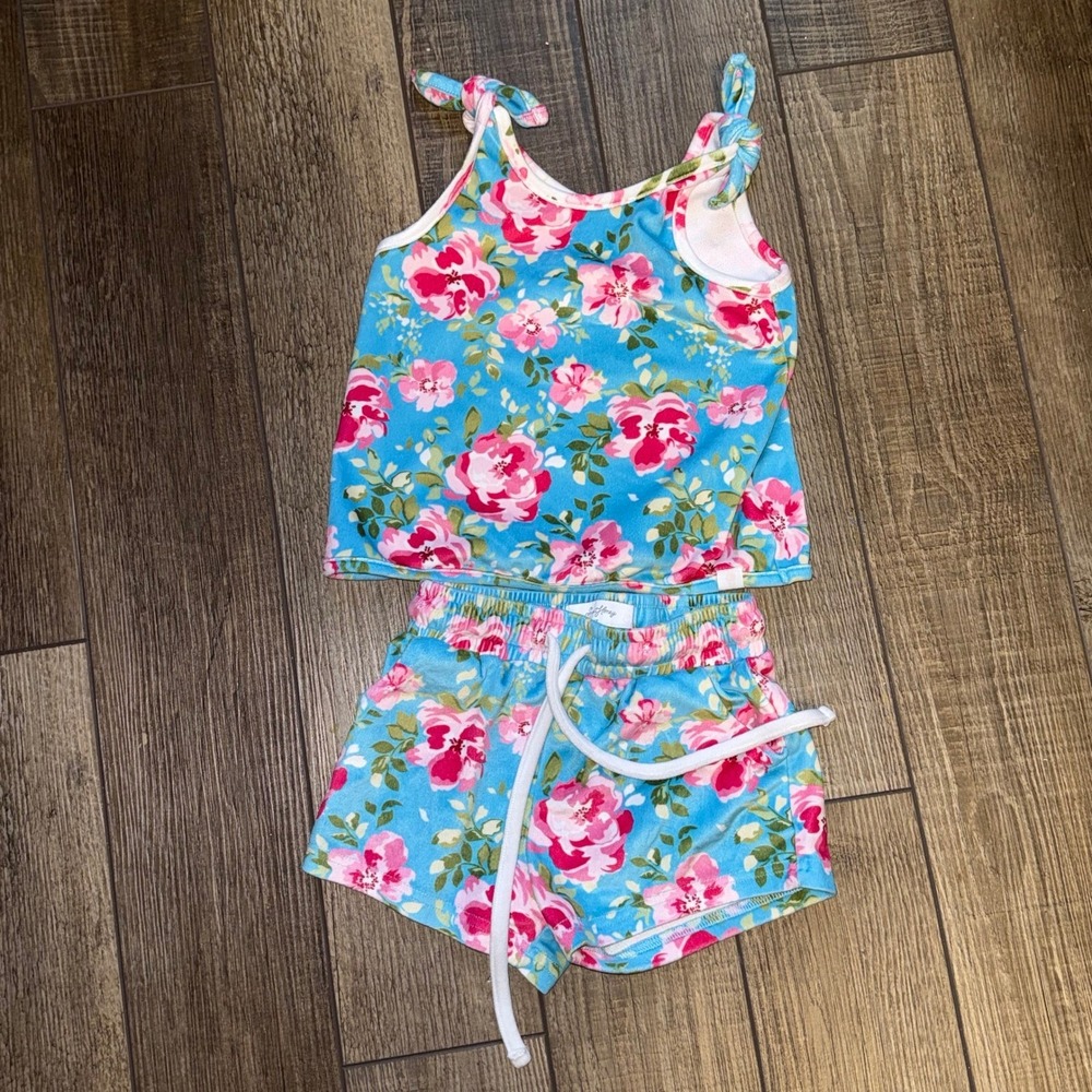 SweetHoney Girls 4T Floral Tank Top and Shorts Set Blue Pink Tie Shoulder